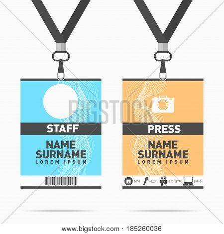 Event staff and press id cards set with lanyards. Vector design for badge holder templates