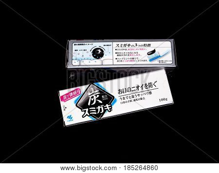 GOMEL, BELARUS - MARCH 5, 2017:Japanese toothpaste Kobayashi with charcoal.Kobayashi Pharmaceutical Co., Ltd. manufactures and sells OTC pharmaceuticals, oral hygiene products.