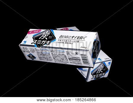 GOMEL, BELARUS - MARCH 5, 2017:Japanese toothpaste Kobayashi with charcoal.Kobayashi Pharmaceutical Co., Ltd. manufactures and sells OTC pharmaceuticals, oral hygiene products.