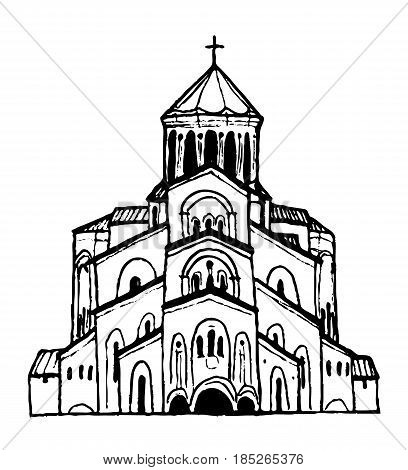 Holy Trinity Cathedral in Tbilisi, Georgia. Hand-drawn sketch