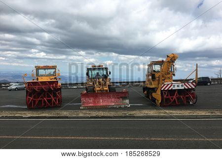 ZAO ECO LINE JAPAN - APRIL 22 2017: Snow-removing machinery in the Zao mountain range