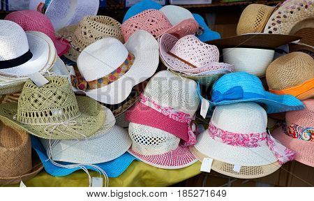 Starw hats for sale on the Sunday market in Spain, Mercadillo de Campo de Guardamar