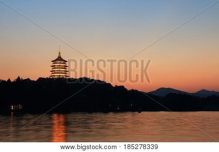 West lake landscape and Leifeng pagoda in Hangzhou China