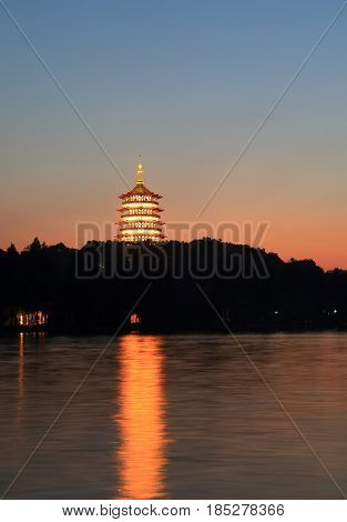 West lake landscape and Leifeng pagoda in Hangzhou China