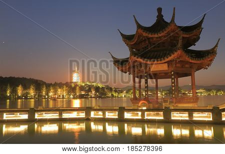 West lake landscape and Leifeng pagoda in Hangzhou China