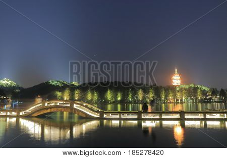 West lake landscape and Leifeng pagoda in Hangzhou China