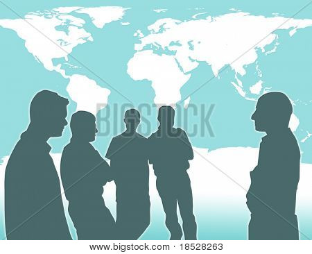 Discussion de groupe de grande entreprise mondiale avec carte du monde derrière