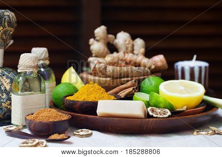 Spa, Heath Care Set On A Plate. Copy Space