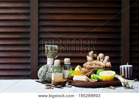 Spa, Heath Care Set On A Plate. Copy Space