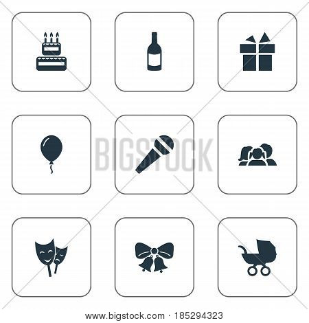 Vector Illustration Set Of Simple Holiday Icons. Elements Mask, Domestic, Ribbon And Other Synonyms Family, Jingle And Aerostat.