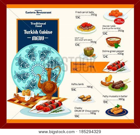 Turkish cuisine menu for restaurant. Vector ornament cover design of Turkey traditional Mediterranean meals of meat dishes, vegetable salads and soups or authentic appetizer snacks and desserts
