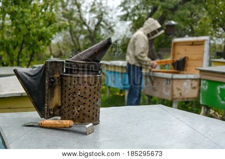 Old bee smoker. Beekeeping tool. The beekeeper works on an apiary near the hives