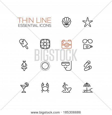 At the Beach - modern vector line design icons set. Seashell, sea star, ice cream, life ring, camera, sun glasses, sunscreen, swimwear, palm tree, snorkel, sandshoes, cocktail crab surfing lounge chair