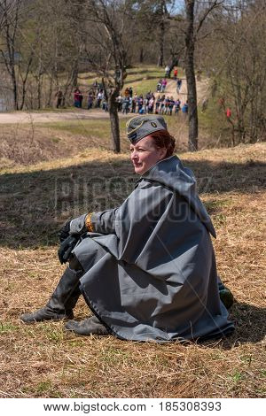 Gatchina, Russia - May 7, 2017: Historical reconstruction of the battles of World War II. Participant reconstruction in the form of a German serviceman of communication units.