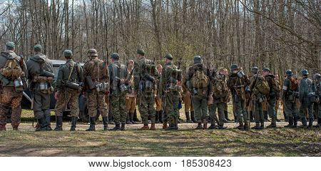 Gatchina, Russia - May 7, 2017: Historical reconstruction of the battles of World War II. Construction of soldiers before the beginning of the reconstruction of the battle.