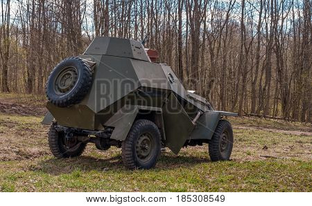 Gatchina, Russia - May 7, 2017: Historical reconstruction of the battles of World War II. Soviet armored car.