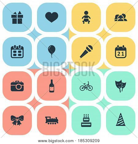 Vector Illustration Set Of Simple Birthday Icons. Elements Soul, Speech, Bicycle And Other Synonyms Days, Gift And Beverage.