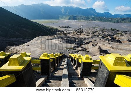 Strairway To Mount Bromo Volcanoes In Bromo Tengger Semeru National Park, East Java, Indonesia