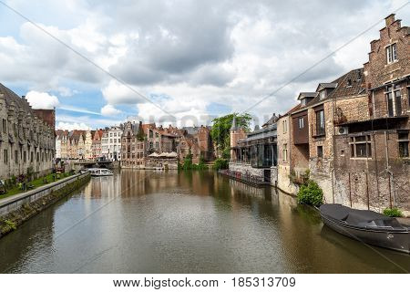 River With Historical Buildings In Gent