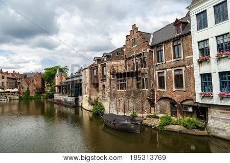 River With Historical Buildings In Gent