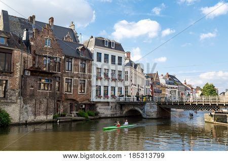 Tourist Kayaking In Ghent Canal