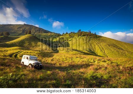 EAST JAVA,INDONESIA-MAY 05 : Tourists car for tourist rent at Mount Bromo,The active Mount Bromo is one of the most visited tourist attractions on May 05,2013 in East Java , Indonesia.