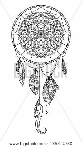 Hand drawn dreamcatcher with feather of birds. Vector illustration. Dreamcatcher with feather design, indian decoration hanging dreamcatcher