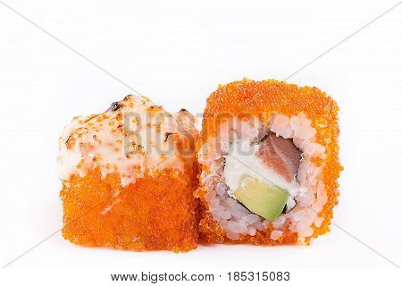 Japanese Cuisine, Sushi Set: Sushi And Sushi Rolls In Caviar With Salmon, Cheese And Avocado On A Wh
