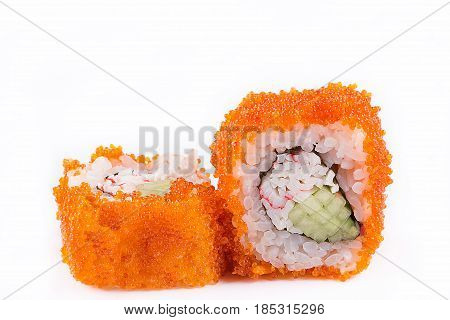 Japanese Cuisine, Sushi Set: Sushi And Sushi Rolls In Caviar With Cucumber And Crab Meat On A White