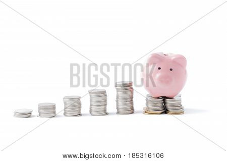 Pink Piggy Bank On Coin Isolated
