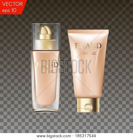 3D realistic glass bottle and plastic tube for foundation or bb and cc cream. Vector illustration isolated on transparent background