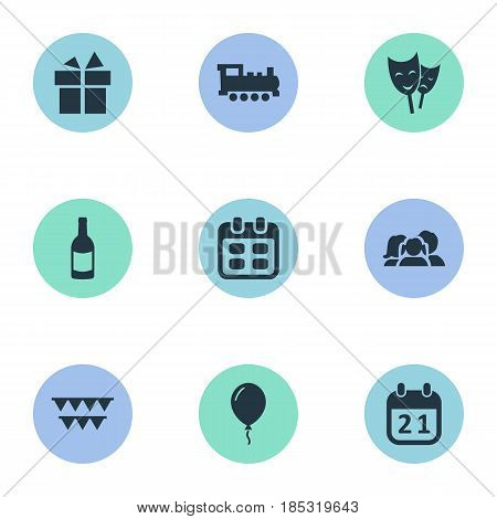 Vector Illustration Set Of Simple Celebration Icons. Elements Domestic, Mask, Aerostat And Other Synonyms Party, Actor And Ribbon.
