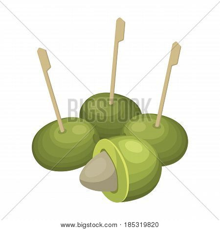 Olive with a stone on a stick.Olives single icon in cartoon style vector symbol stock illustration .