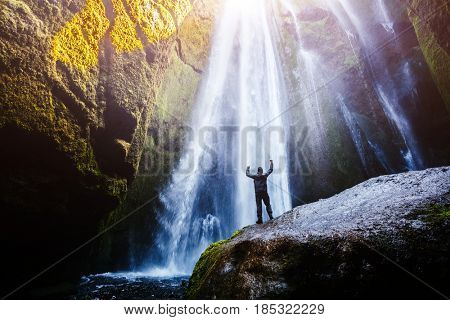 Perfect view of famous powerful Gljufrabui cascade in sunlight. Dramatic and gorgeous scene. Unique place on earth. Location place Iceland, sightseeing Europe. Explore the world's beauty and wildlife