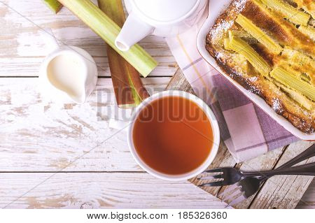 Traditional Rhubarb Pie With Tea For Breakfast.