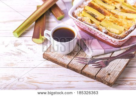 Traditional Rhubarb Pie With Espresso Coffee For Breakfast.