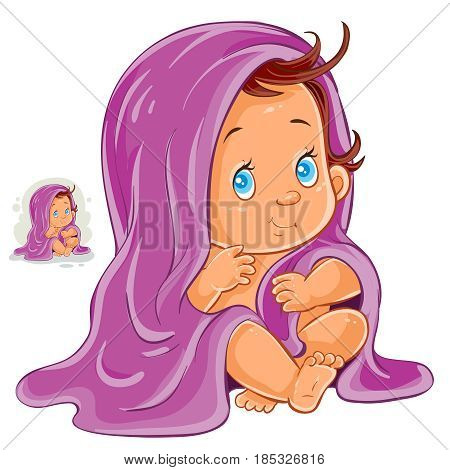 Vector illustration of small child after bath wrapped in a towel isolated on white. Print, template, design element