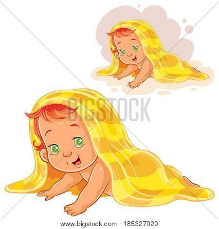 Vector illustration of small child after bath wrapped in a towel isolated on white. Print, template, design element