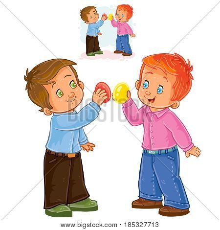 Vector Easter illustration of two small boys and a traditional egg fight. Print, shablon, design element