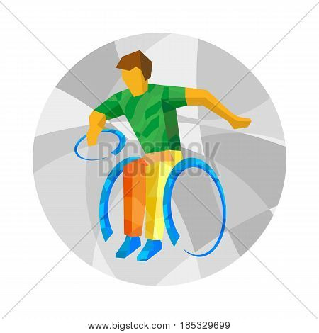 Physically disabled rugby player with abstract patterns. Wheelchair rugby for people with disabilities - vector clip art. Flat sport infographics icon.