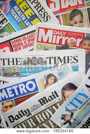Bracknell, England - May 08, 2017: A random selection of British daily newspapers currently in circulation
