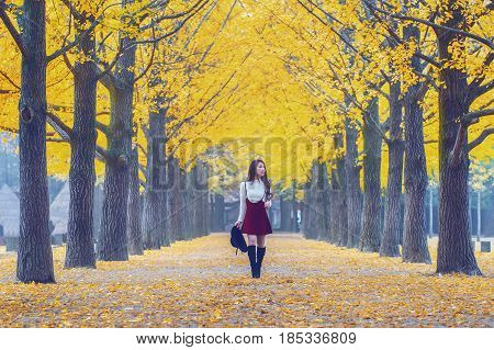 Beautiful Girl With Yellow Leaves In Nami Island, Korea. Vintage Tone Style.
