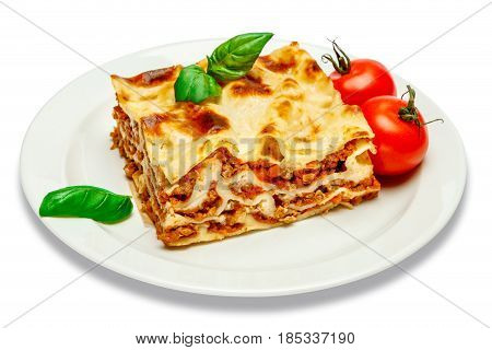 Portion of tasty lasagn, isolated on white background