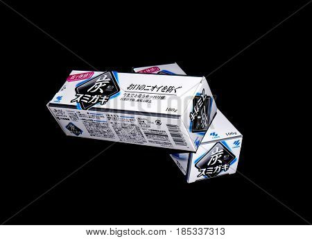GOMEL, BELARUS - MARCH 5, 2017:Japanese toothpaste Kobayashi with charcoal.Kobayashi Pharmaceutical Co., Ltd. manufactures and sells OTC pharmaceuticals, oral hygiene products.