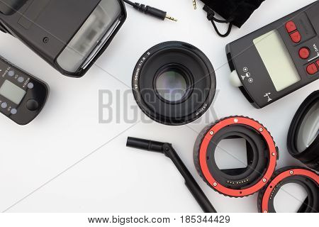 QUEENSTOWN SOUTH AFRICA - 7 May 2016: Photographic equipment close up isolated on white background - Illustrative editorial image