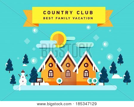 Flat illustration of winter country club. Christmas vacation. Family holiday in house in the woods. Foreat area. Winter landscape.