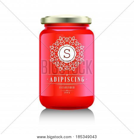 Glass jar with with jam, confiture or honey. Vector illustration. Packaging collection. Label for jam. Bank realistic. Mock up mason jar with design label or badges