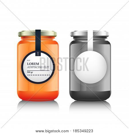 Glass jar with with jam, confiture or honey. Vector illustration. Packaging collection. Label for jam. Bank realistic. Mock up mason jar with design label or badges