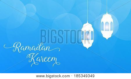 Ramadan Kareem. Illustration with bockeh background and arabic lanterns for islamic holidays