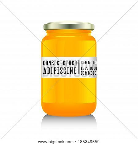 Glass jar with with jam, confiture or honey. Vector illustration. Packaging collection. Label for jam. Bank realistic. Mock up mason jar with design label or badges